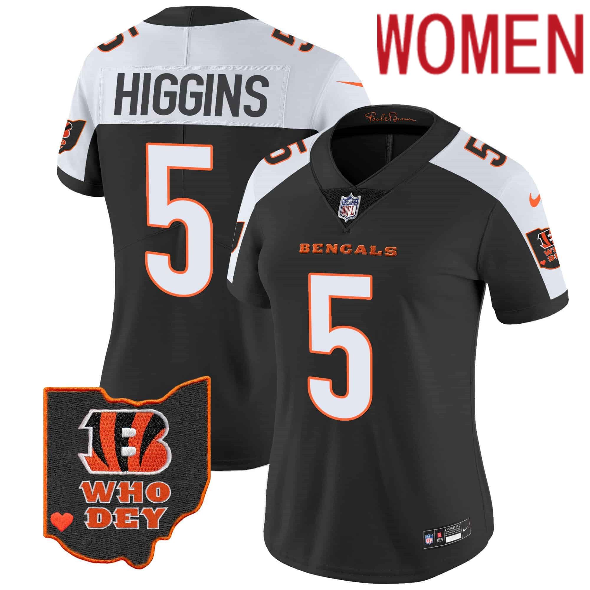 Women Cincinnati Bengals #5 Higgins Black 2024 Nike Patch Vapor Limited NFL Jersey->women nfl jersey->Women Jersey